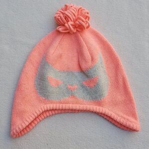 Crazy 8 pink/peach knit pom pom beanie with shimmer silver cat mask
